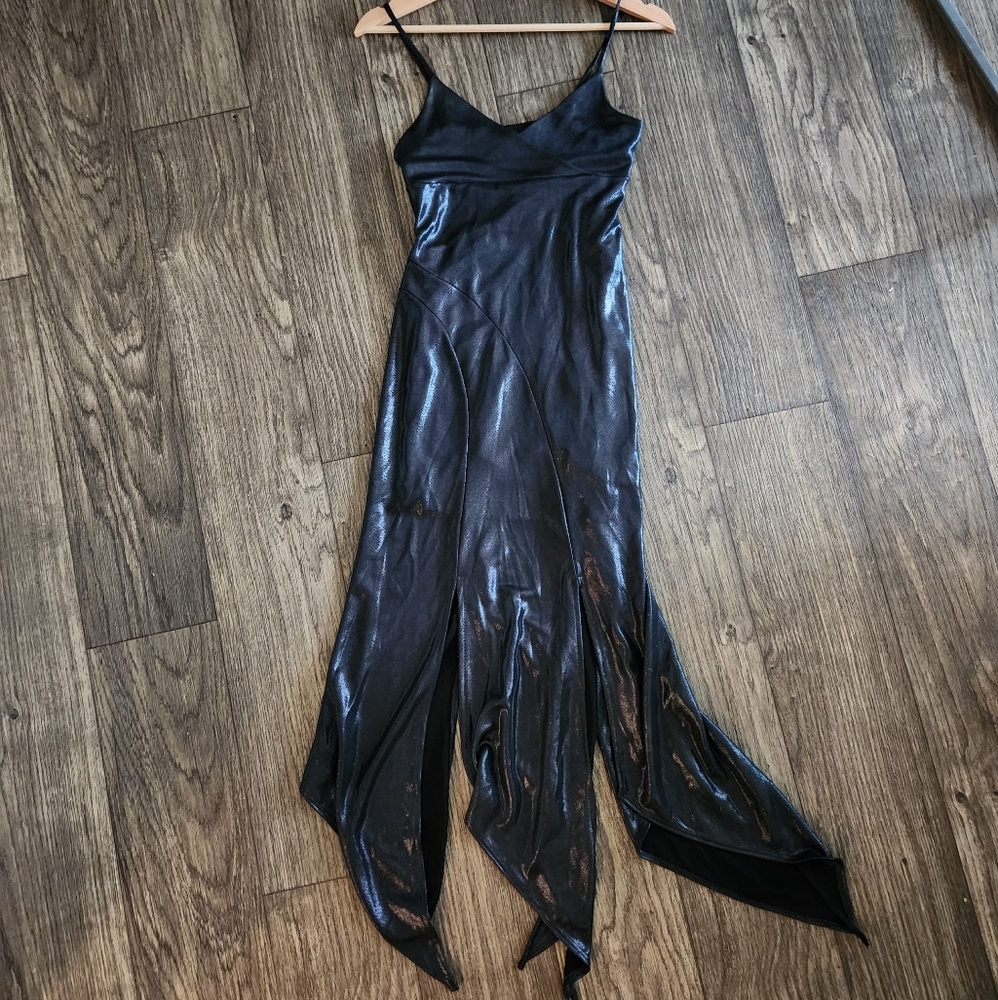 Vintage Seduction Black Metallic Midi Asymmetrical Hem Dress Size M